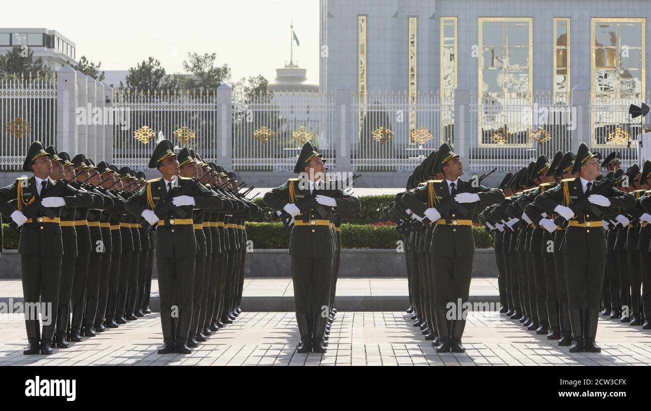 Turkmen service members take part in a parade marking Independence Day in Ashgabat, Turkmenistan September 27, 2020. REUTERS/Vyacheslav Sarkisyan Stock Photo