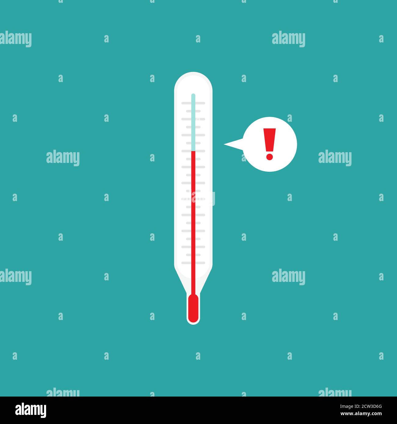 medical thermometer with exclamation mark isolated on blue background