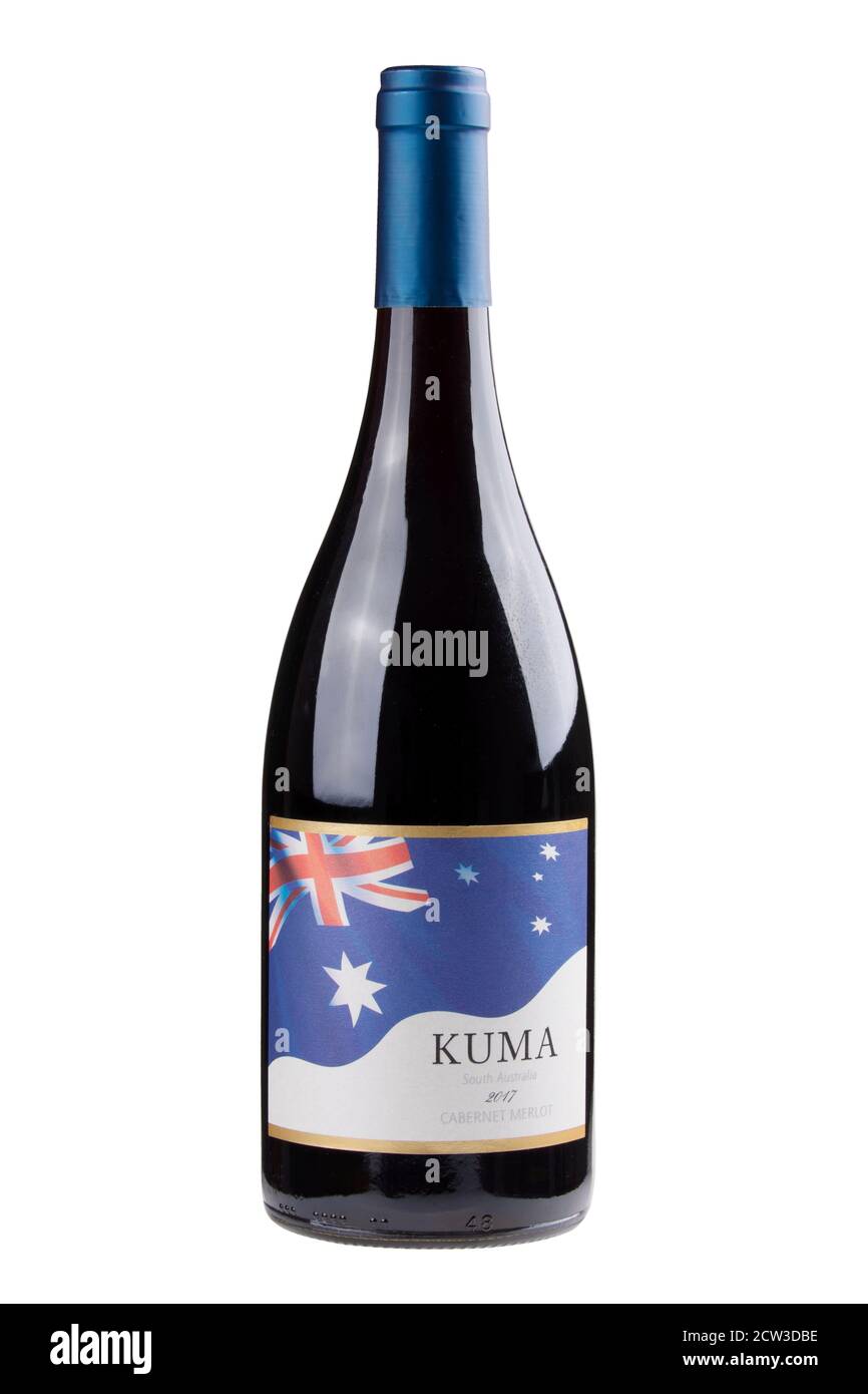Guilin, China March 23, 2020 A bottle of Kuma Cabernet Merlot.  A red wine imported from Southern Australia, isolated on a white background Stock Photo