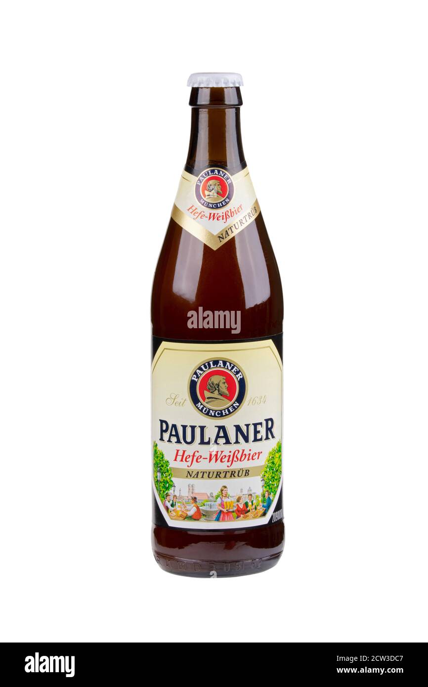 Guilin China March 29, 2020 A bottle of Paulaner Hefe-Weissbier Naturtrub imported from Germany. Isolated on a white Background Stock Photo