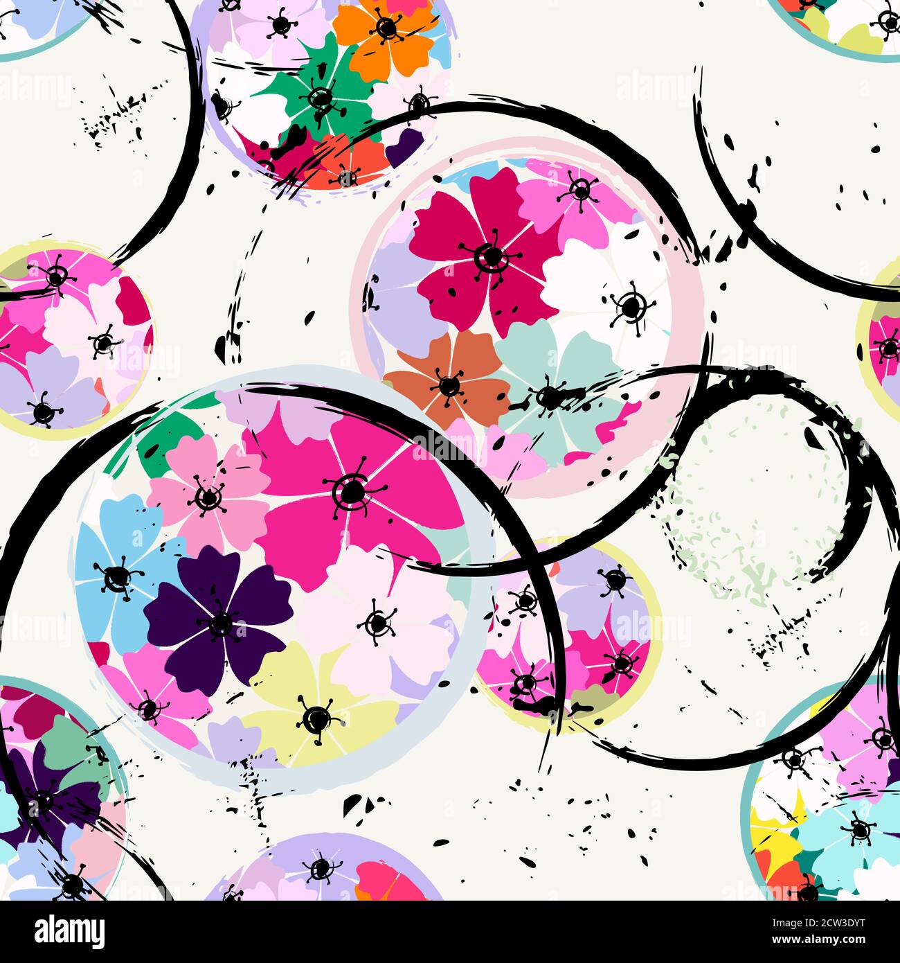 abstract floral background pattern, with circles, strokes and splashes, seamless Stock Vector