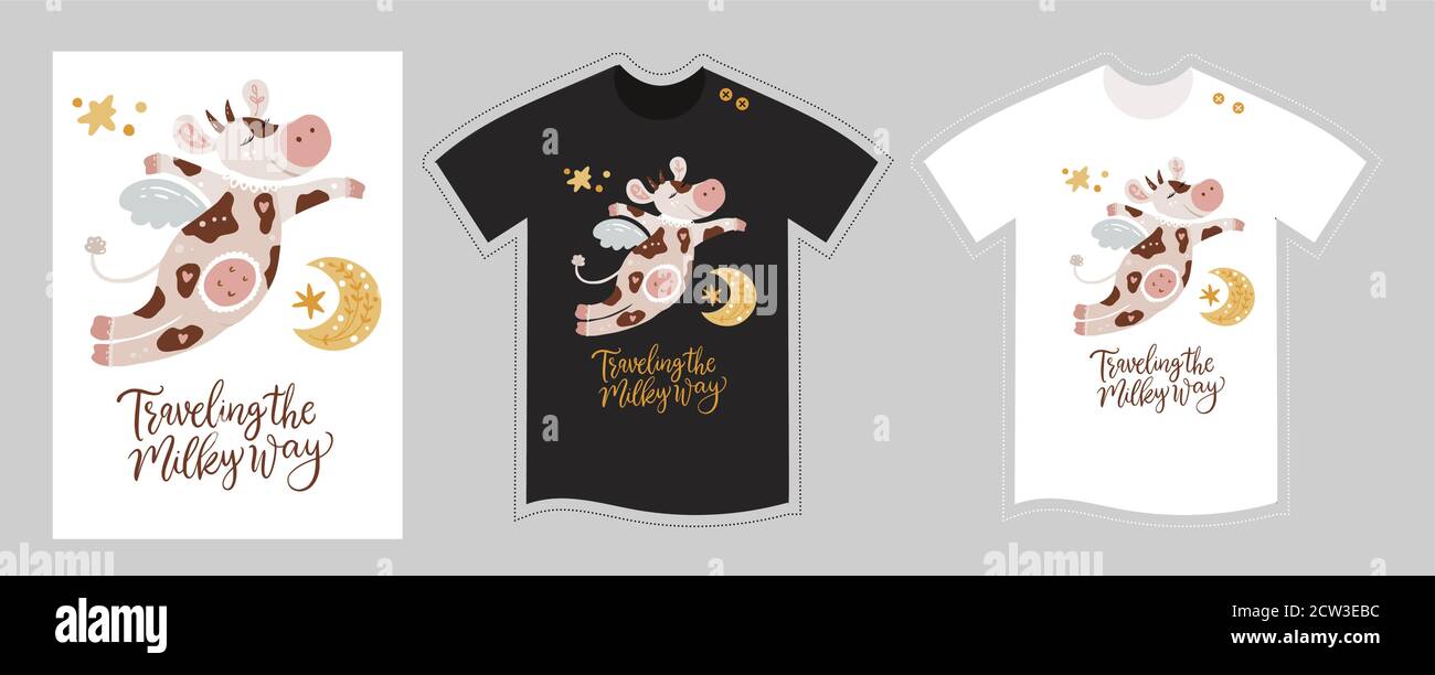 Download Vector T Shirt Design Vector Template For Kids On White And Black Cute Cartoon Happy Flying Cow Detailed Illustration Traveling The Milky Way Textile Graphic Tee Hand Drawn Lettering Print Stock Vector