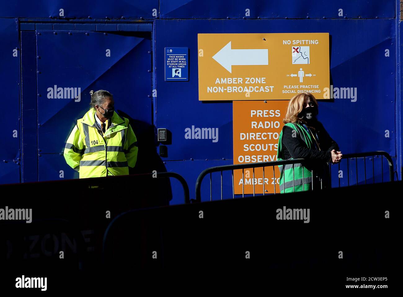 LIVERPOOL, ENGLAND. SEPT 27TH 2020 General View of security staff during the Vitality Women's FA Cup match between Everton and Chelsea at Goodison Park, Liverpool on Sunday 27th September 2020. (Credit: Tim Markland | MI News) Credit: MI News & Sport /Alamy Live News Stock Photo