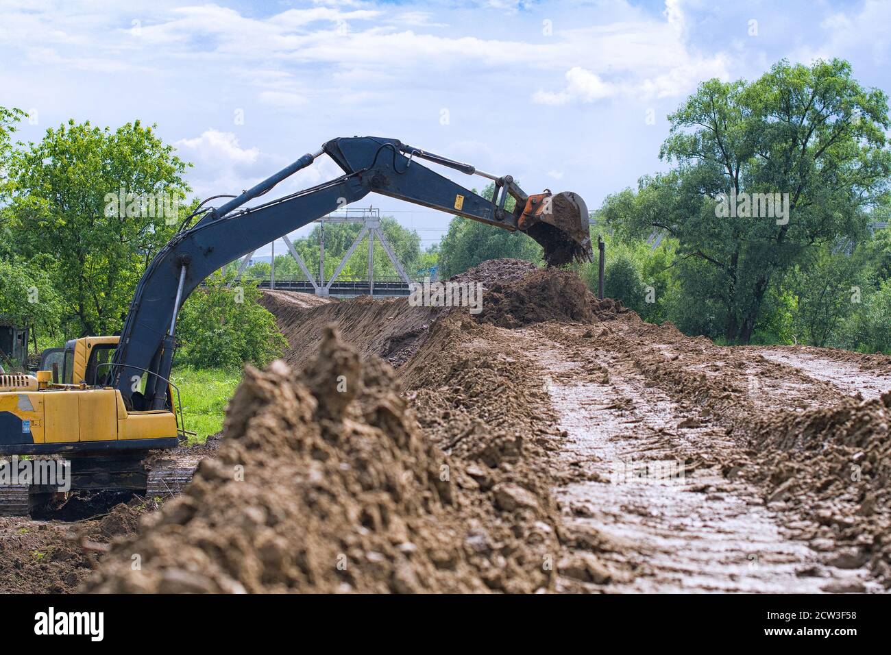 On the construction of a protective dam near the town river Dniester Stock Photo