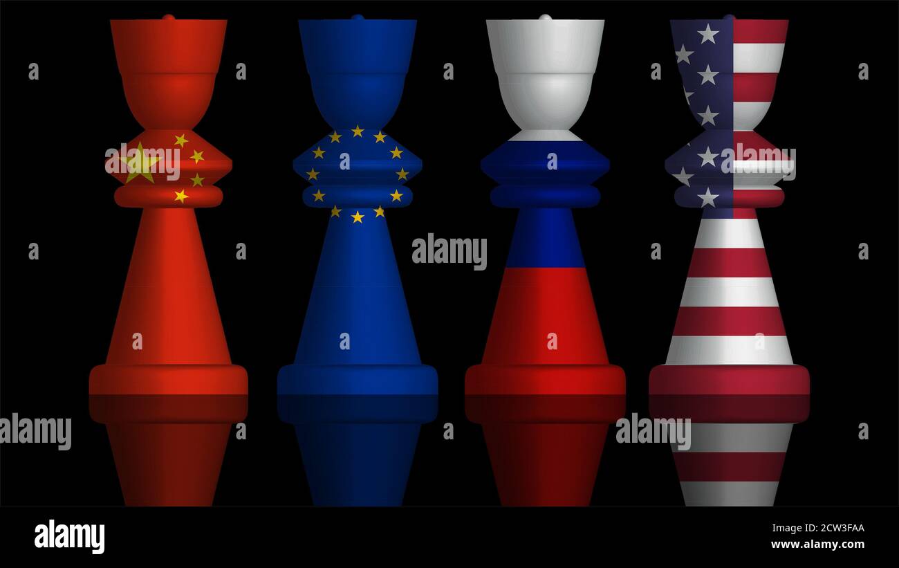 3D Illustration of a Concept of Great Power Competition with Flags of the European Union, Russia, the USA and China painted on chess pieces. 3D render Stock Photo