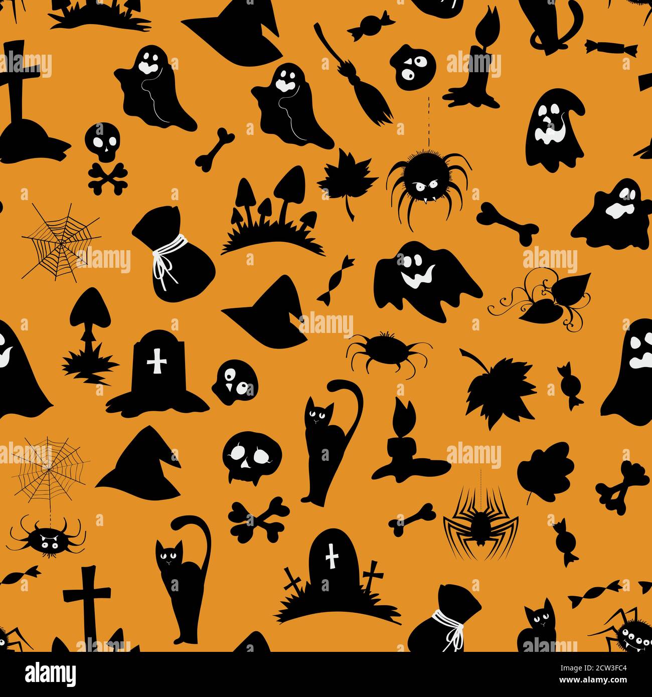Vector seamless pattern with Halloween objects and creatures, in orange and black colors. Stock Vector
