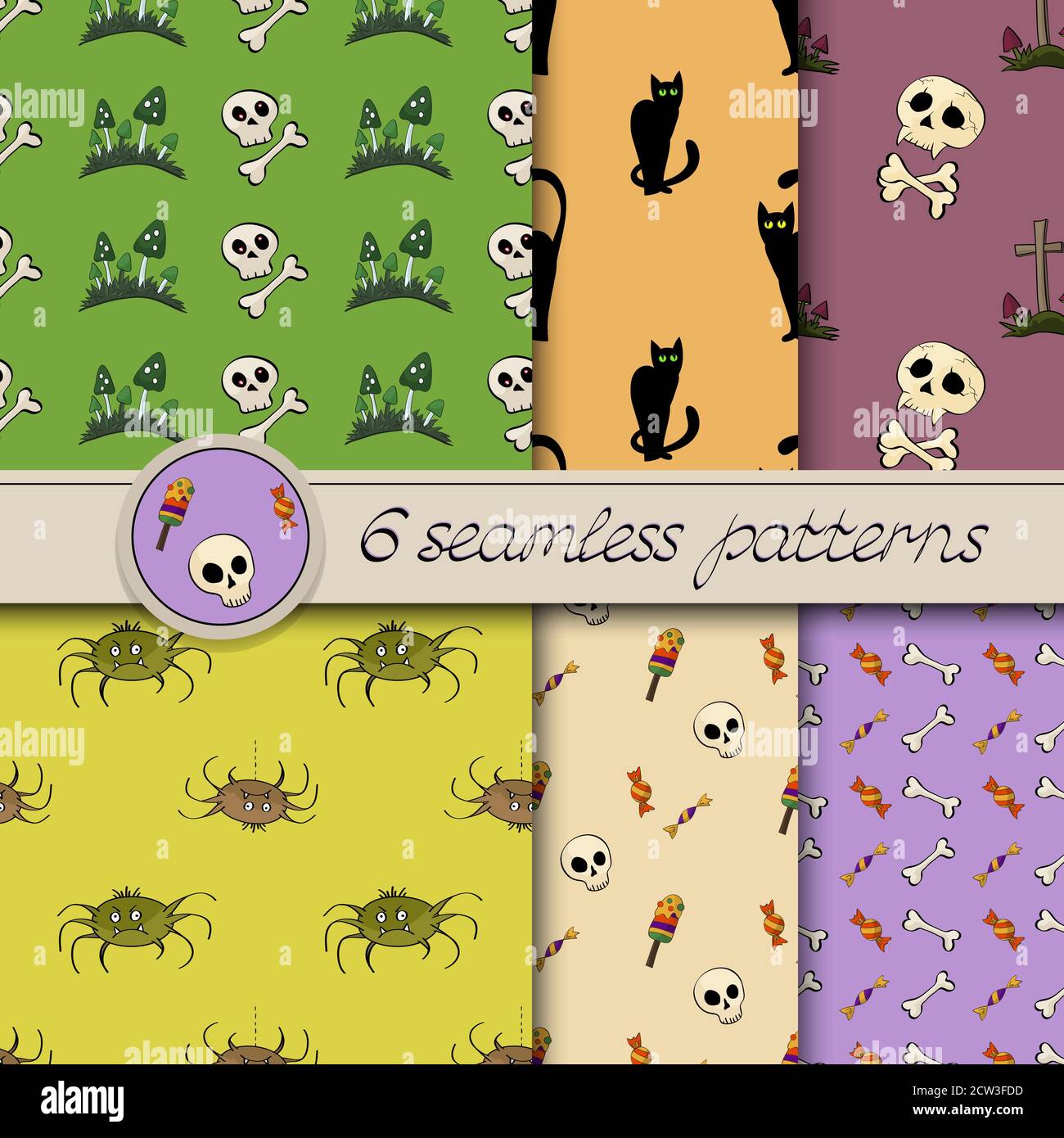 Vector set of six Halloween seamless patterns. Colored. Stock Vector