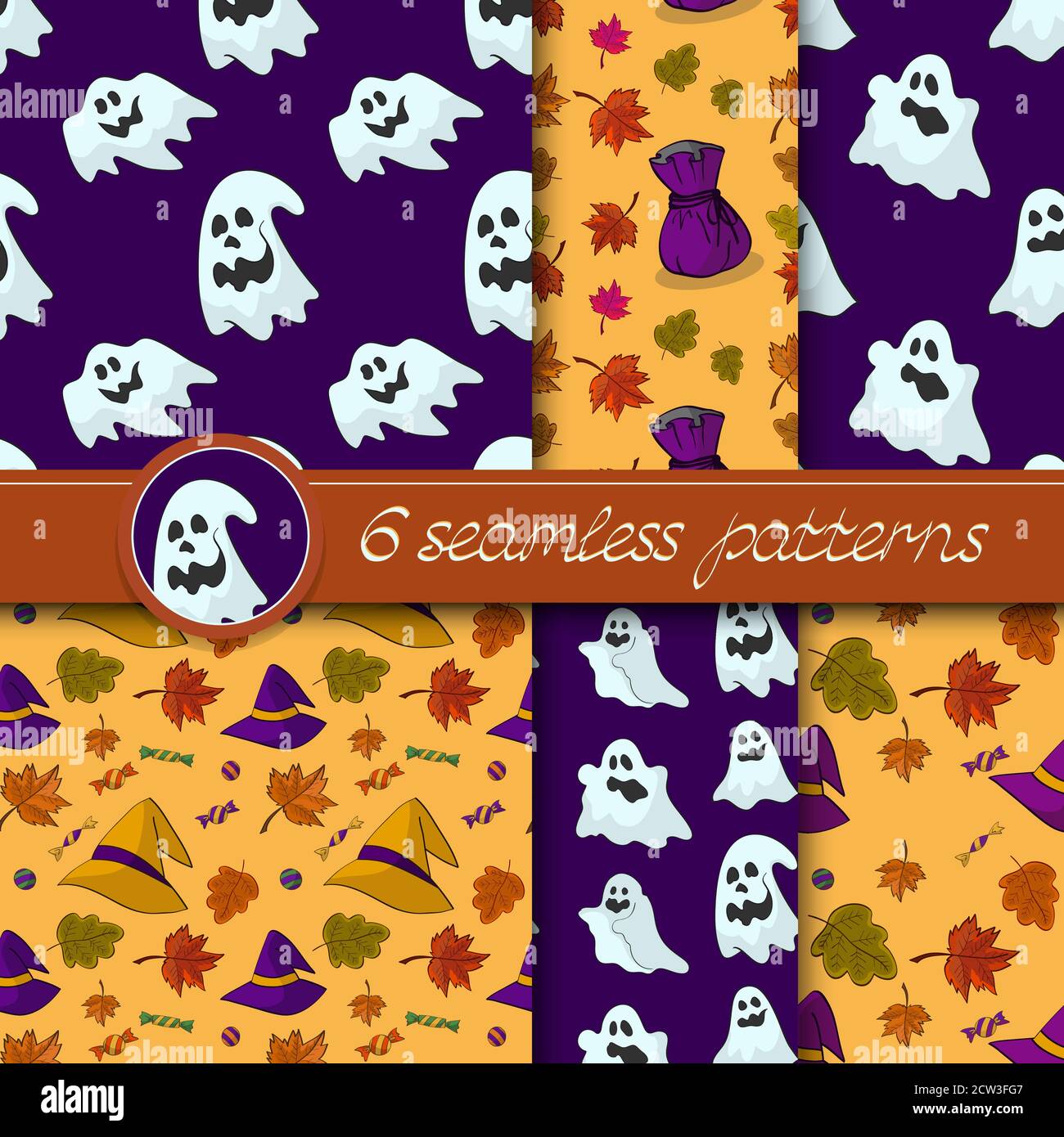 Vector set of six Halloween seamless patterns, in purple and orange colors. Stock Vector