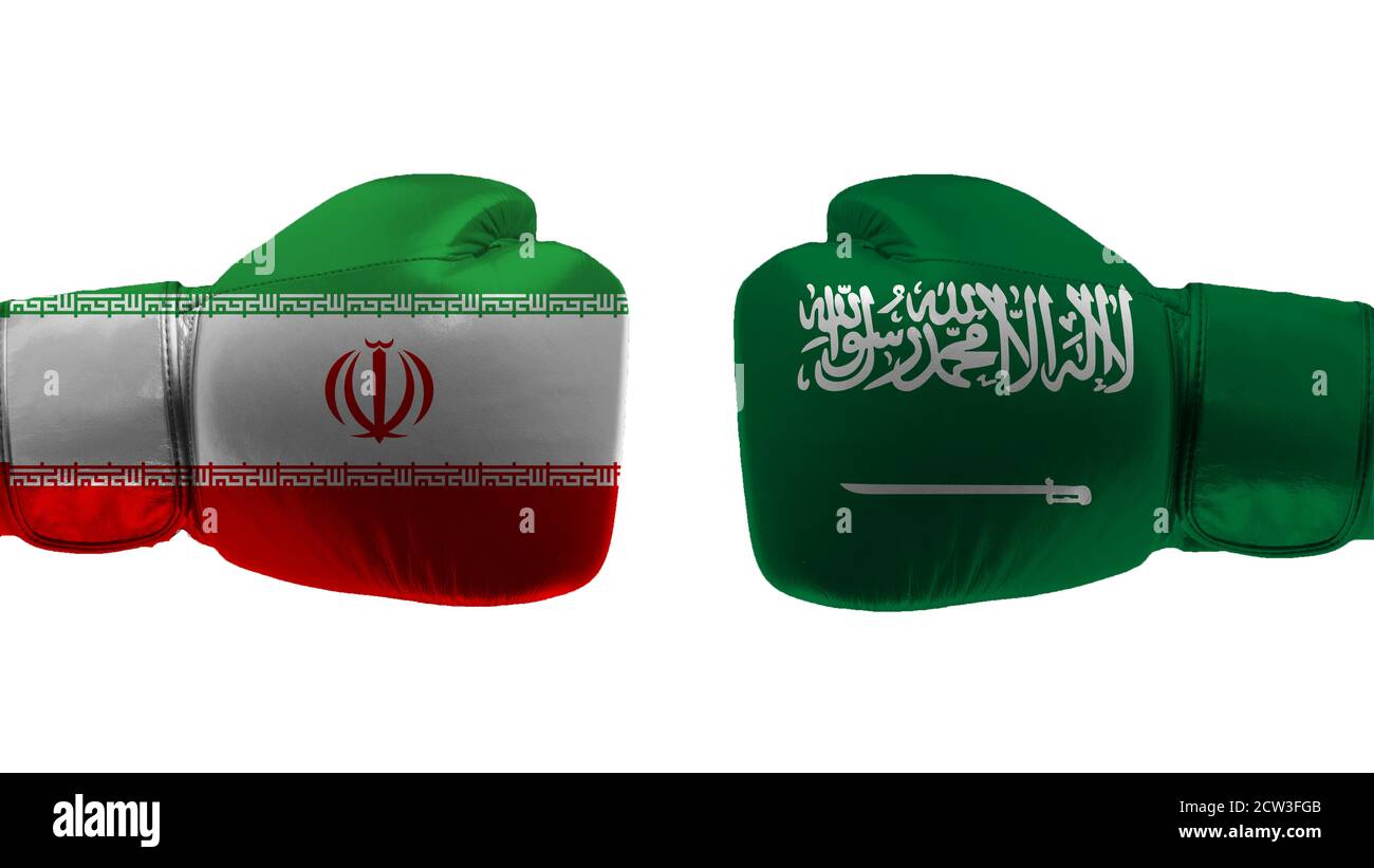 Concept of the Conflict between the Islamic Republic of Iran and the Kingdom of Saudi Arabia with two boxing glove. 3d rendering Stock Photo