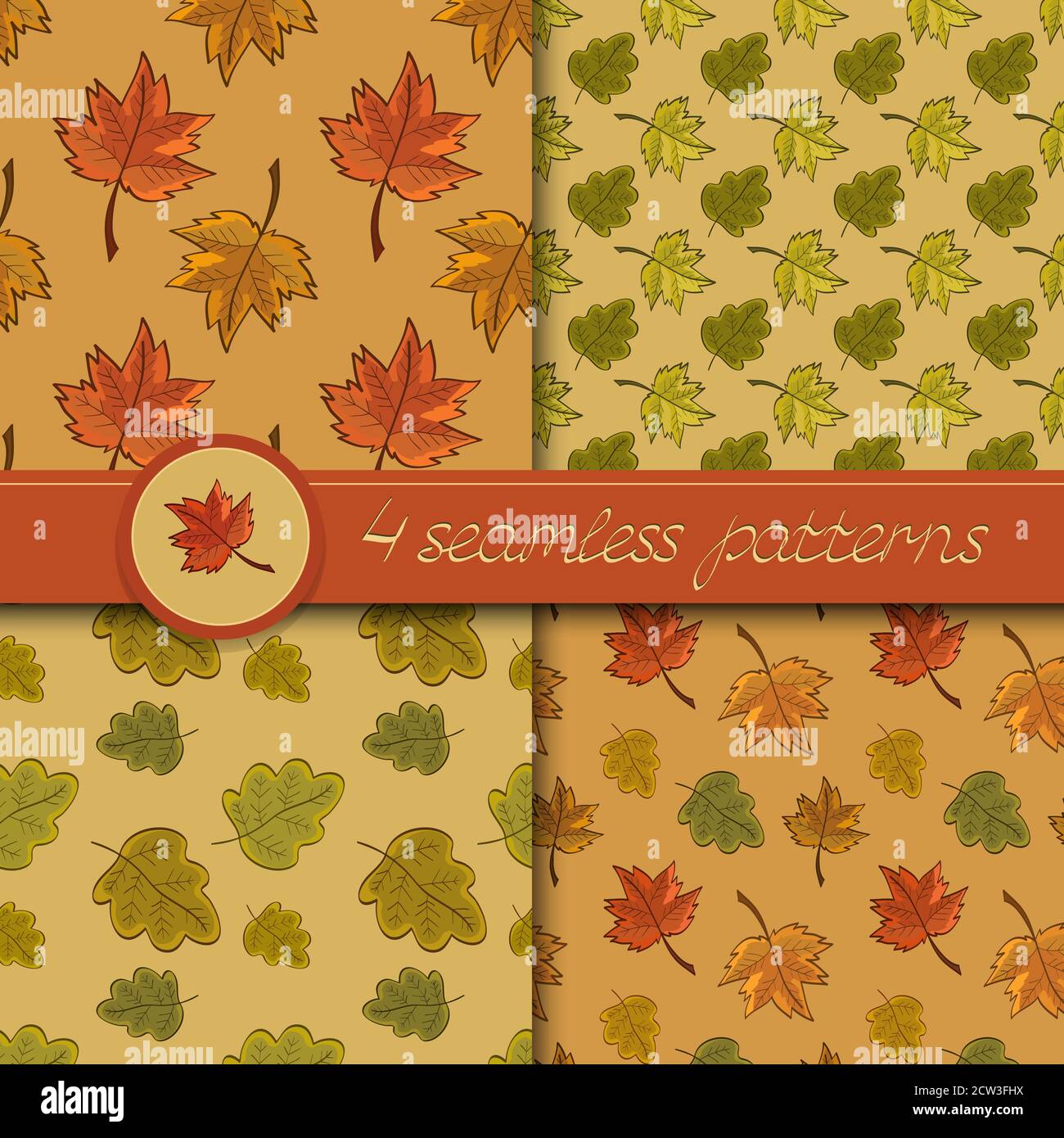 Vector set of four seamless patterns with colored autumn leaves, in ...