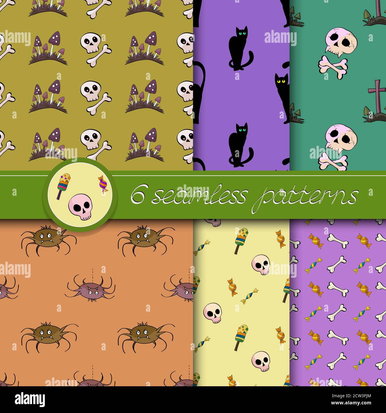 Vector set of six Halloween seamless patterns. Colored. Stock Vector