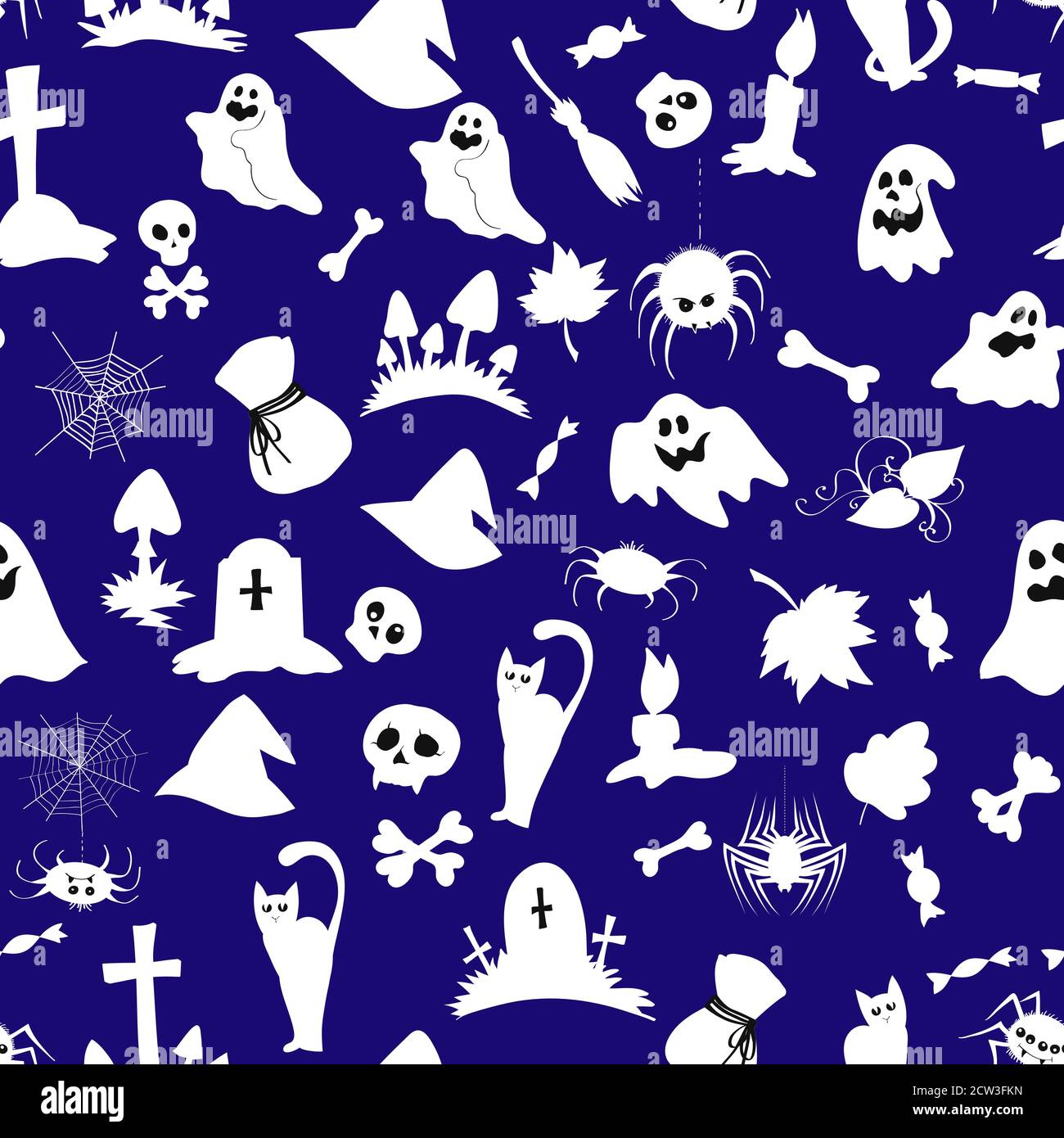 Vector seamless pattern with Halloween objects and creatures, in blue and white colors. Stock Vector