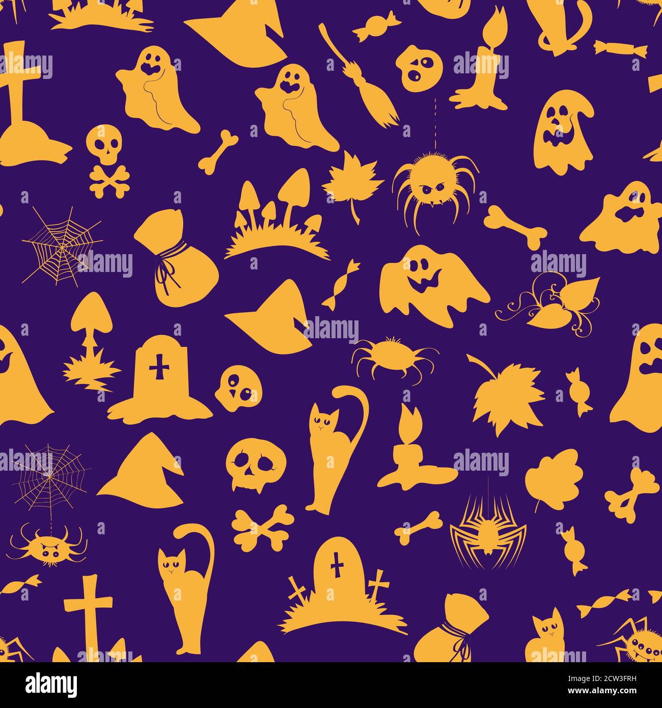Vector seamless pattern with Halloween objects and creatures, in purple and orange colors. Stock Vector