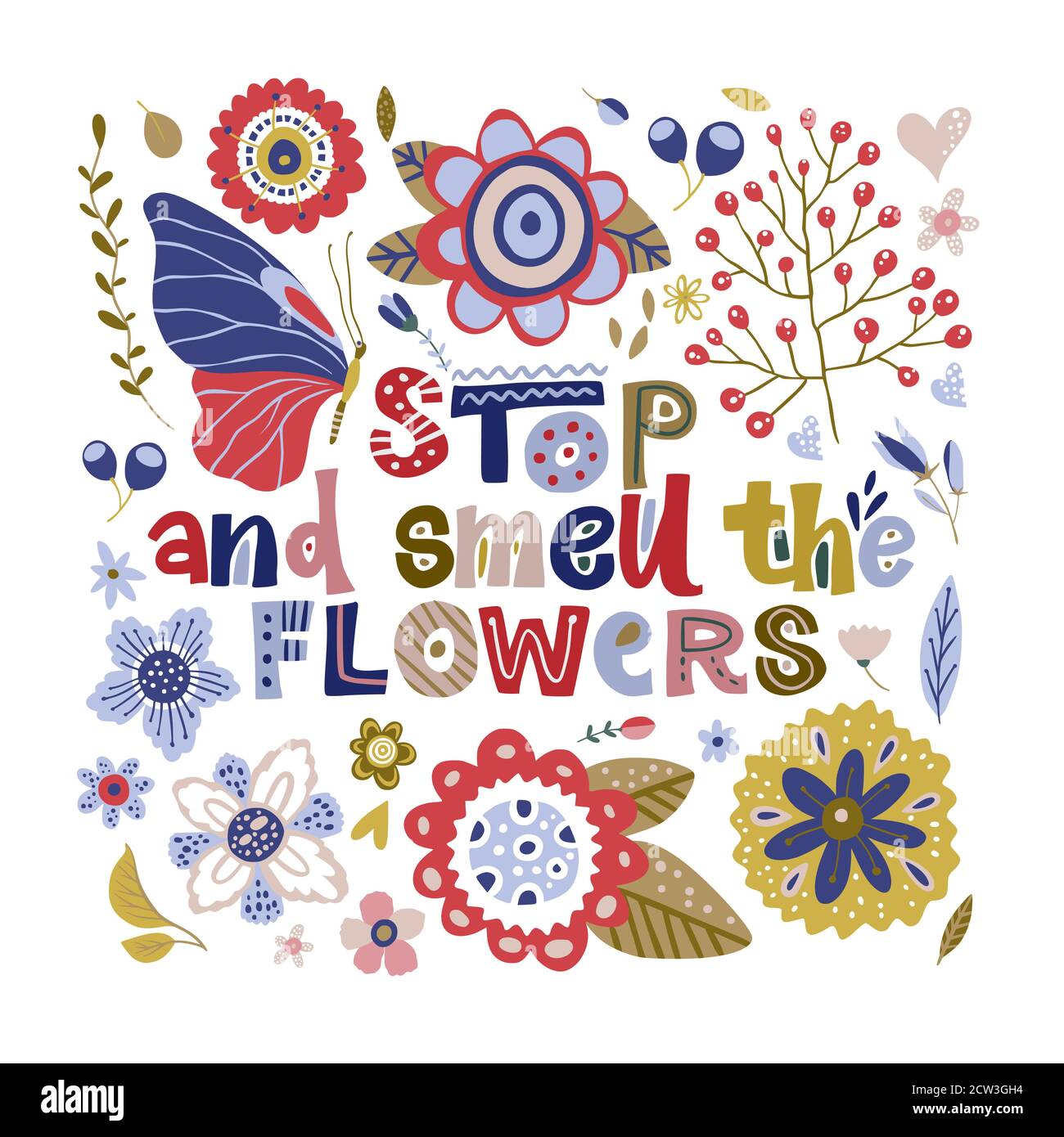 Floral color vector lettering card in a flat style. Ornate flower illustration with hand drawn