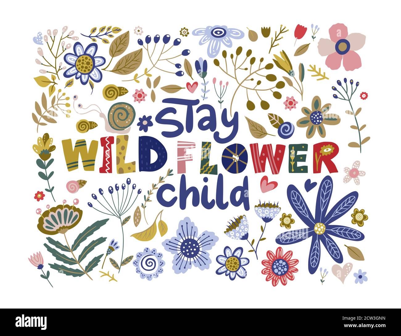 Floral color vector lettering card in a flat style. Ornate flower