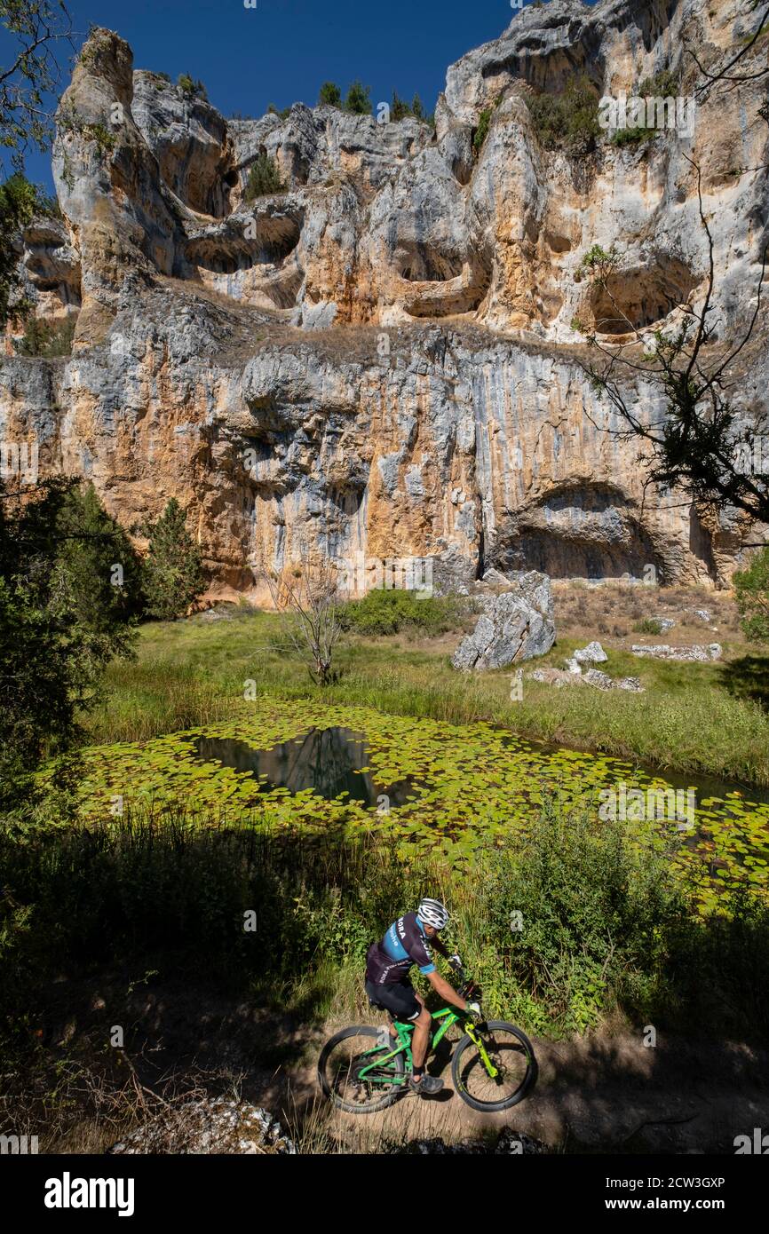 clclista en el sendero, Parque Natural del Cañón del Río Lobos, Soria, Comunidad Autónoma de Castilla, Spain, Europe Stock Photo