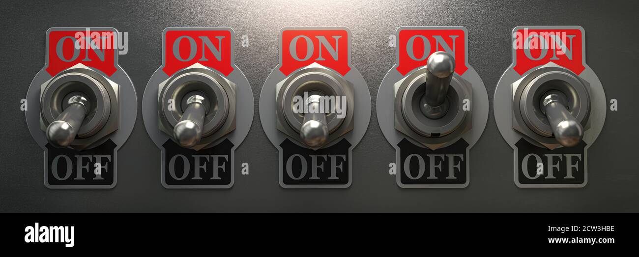 Row of retro toggle switch in OFF position and one in ON position on ...