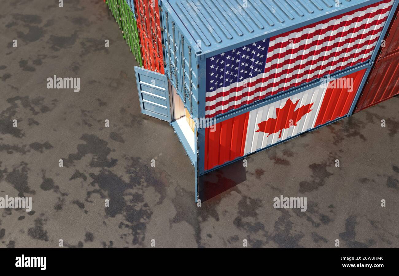 Freight containers with USA and Canada national flag. 3D Rendering Stock Photo
