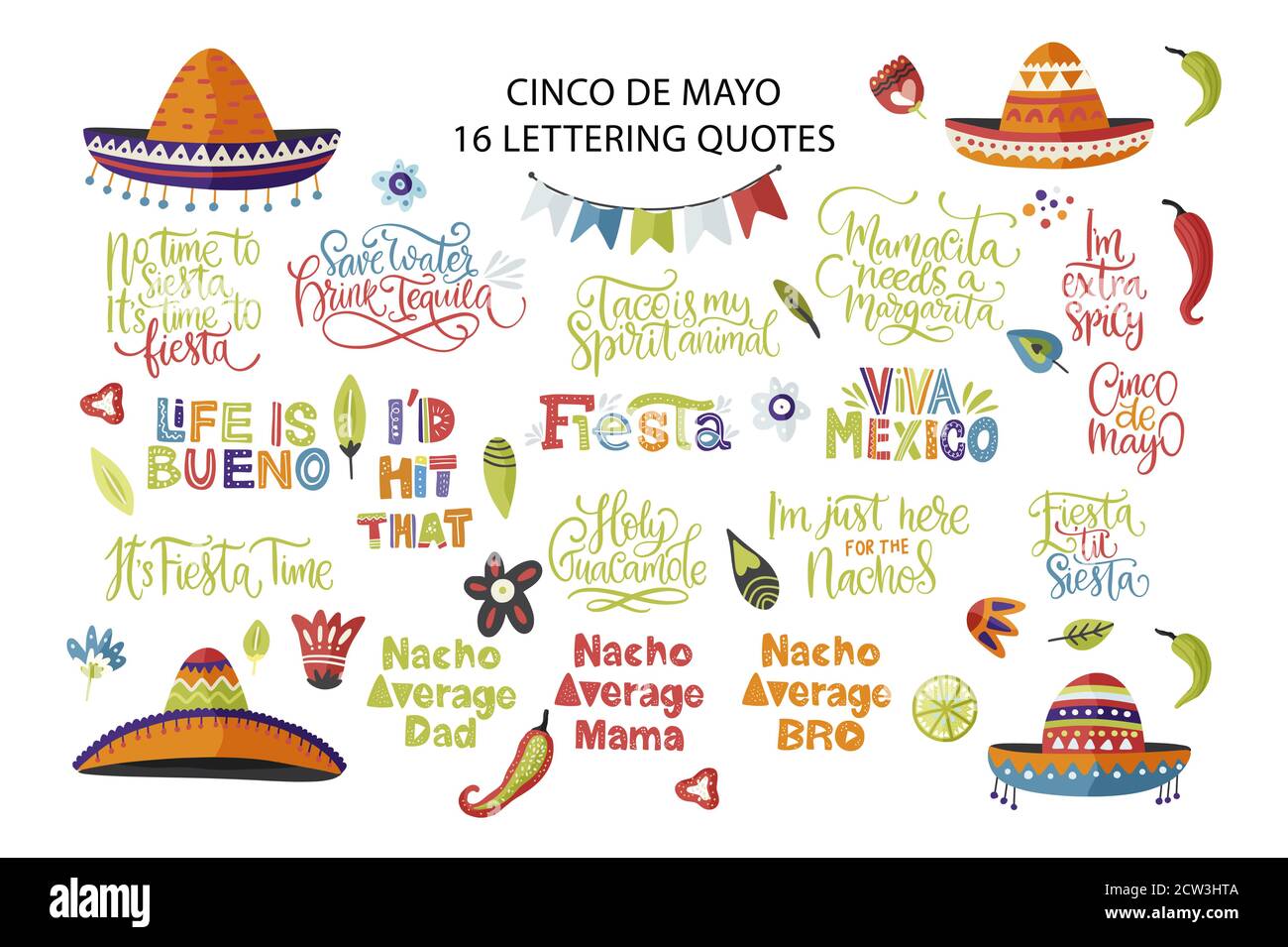 Cinco de Mayo holiday vector lettering set. Calligraphy Mexican fiesta