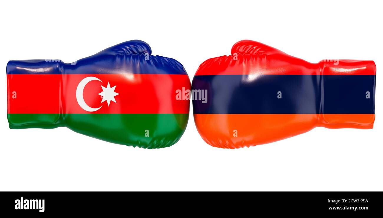 Boxing gloves with Armenia and Azerbaijan flags. Political or war conflict concept, 3D rendering isolated on white background Stock Photo