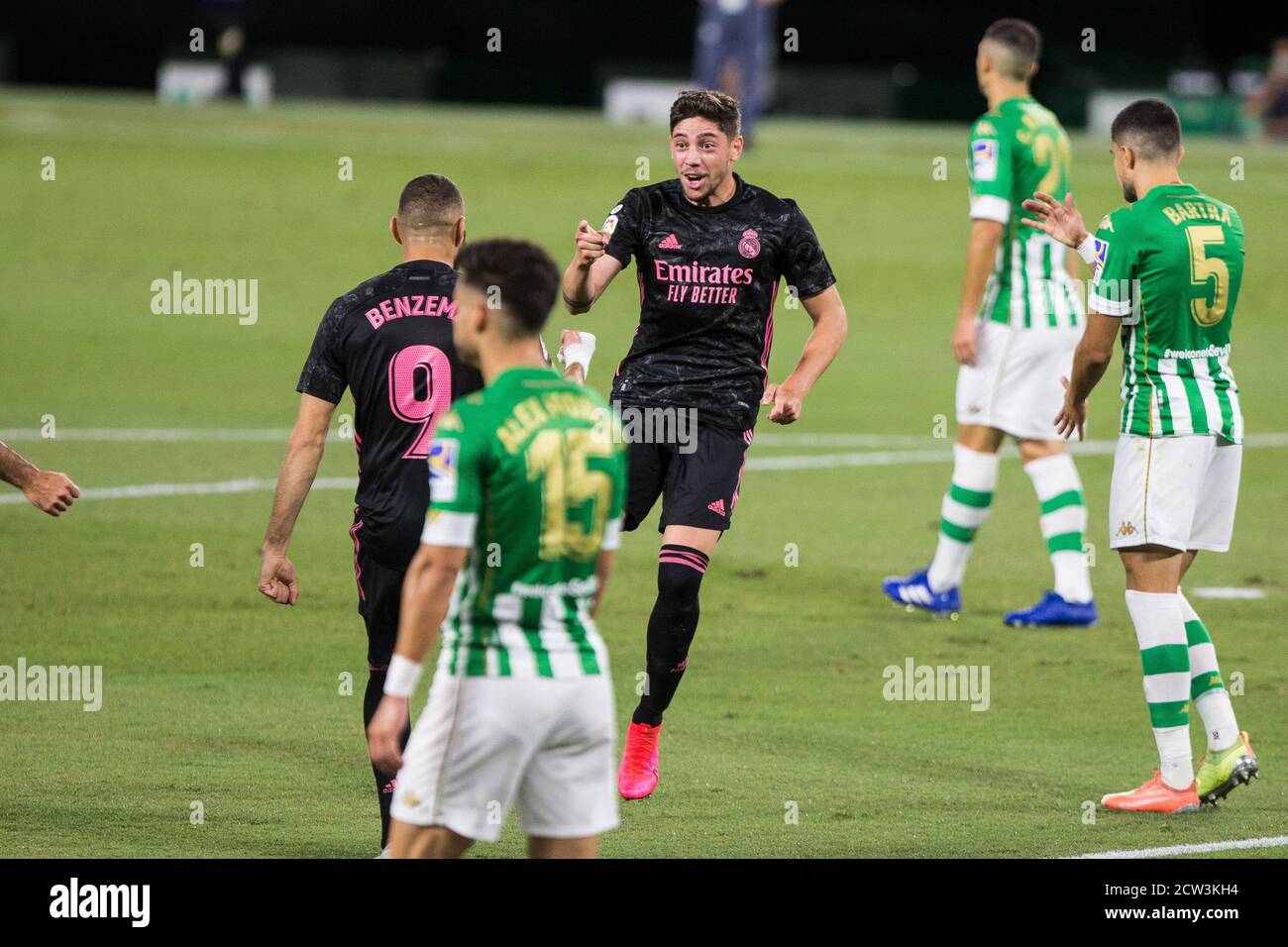 Federico Valverde of Real Madrid celebrates after his goal with teammates during the Spanish championship La Liga football match between Real Betis Ba Stock Photo