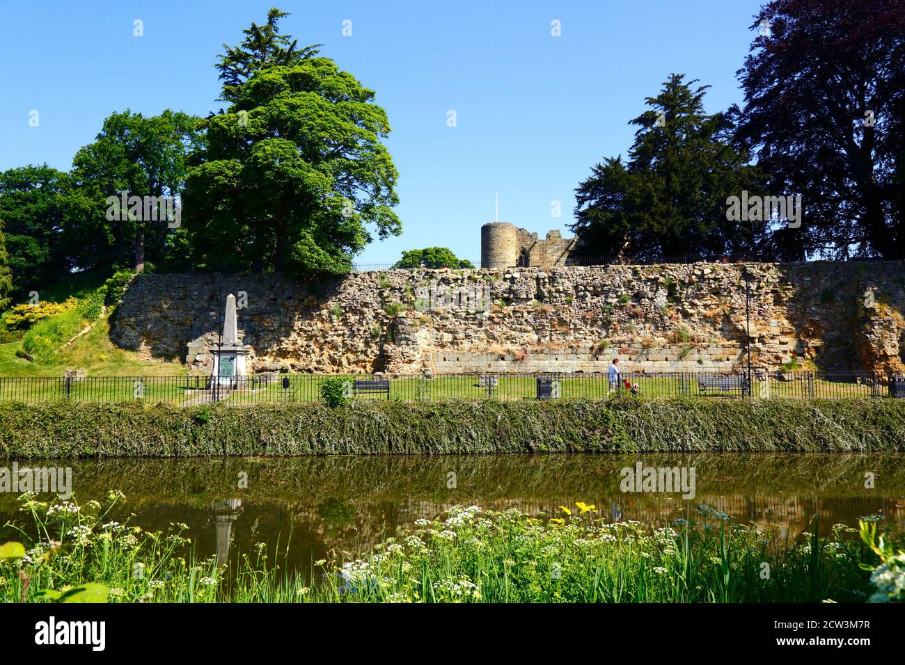 View of outer walls and twin towered gatehouse of Tonbridge Castle from