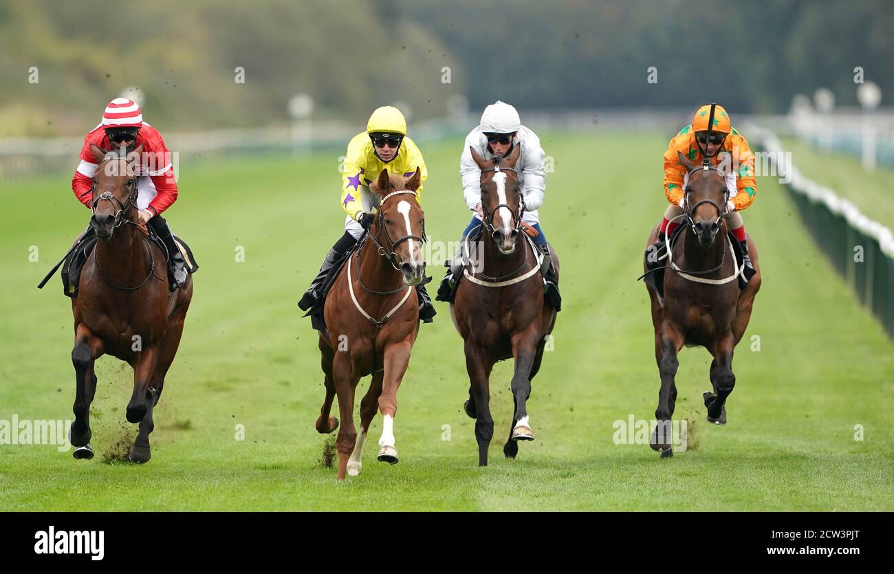 Percy?s Lad ridden by Charles Bishop (second left) wins The Call Star Sports On 08000521321 Derby ‘Wild Card’ Conditions Stakes at Nottingham Racecourse. Stock Photo