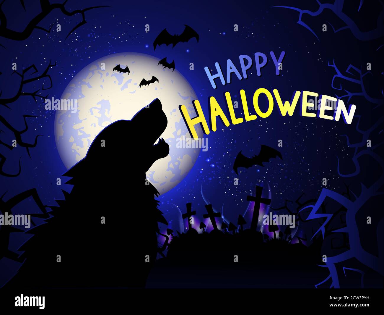 Vector illustration with howling wolf on the night background with ...
