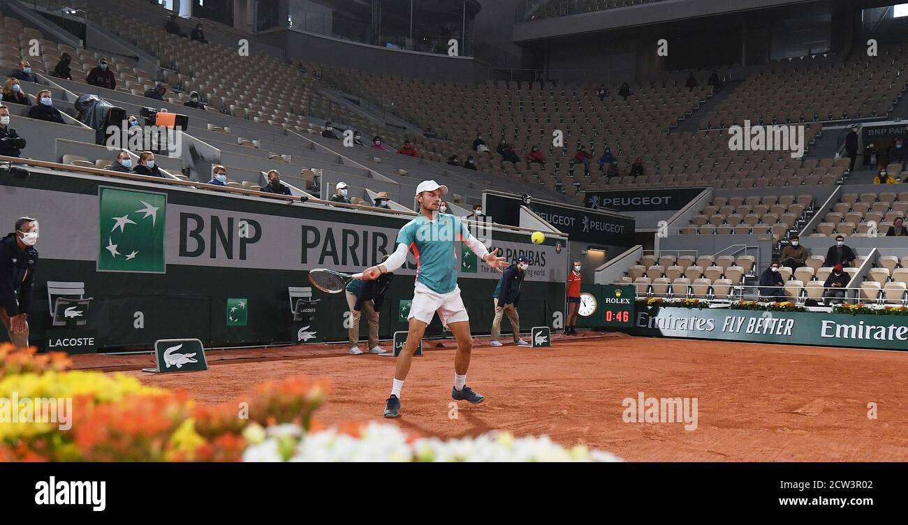 Paris, France. 27th Sep, 2020. Roland Garros Paris French Open 27/09/2020 D1 David Goffin (BEL) loses first round match Credit: Roger Parker/Alamy Live News Stock Photo