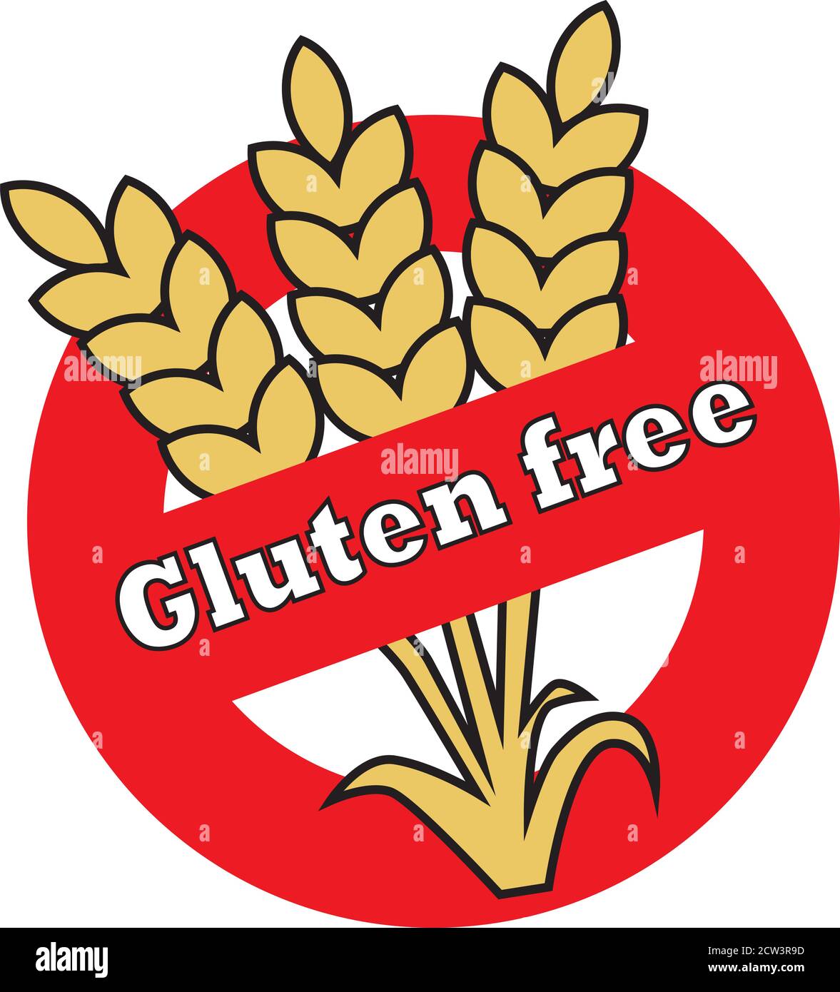 Label with three ears of wheat in a red circle with the text gluten free. Stock Vector