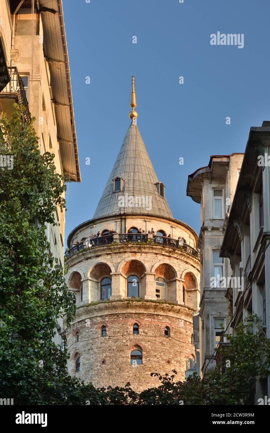 Galata tower from büyük hendek caddesi in Istanbul, Turkey Stock Photo