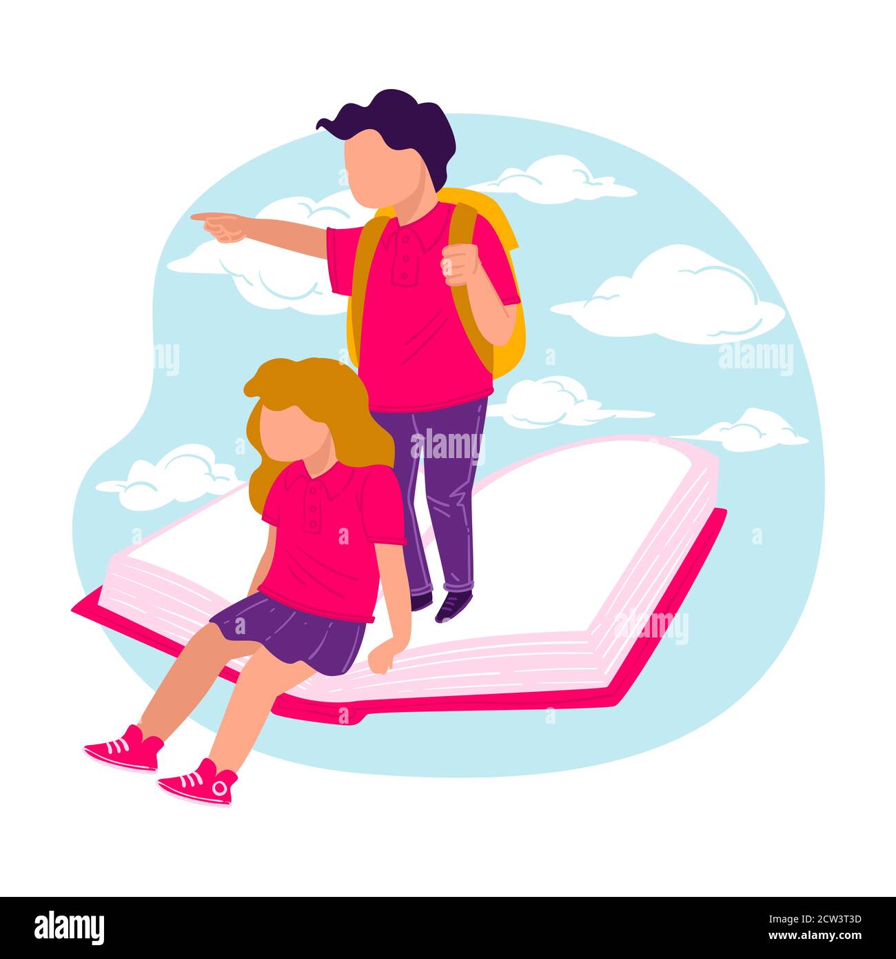 Pupils with satchels sitting and standing on book Stock Vector