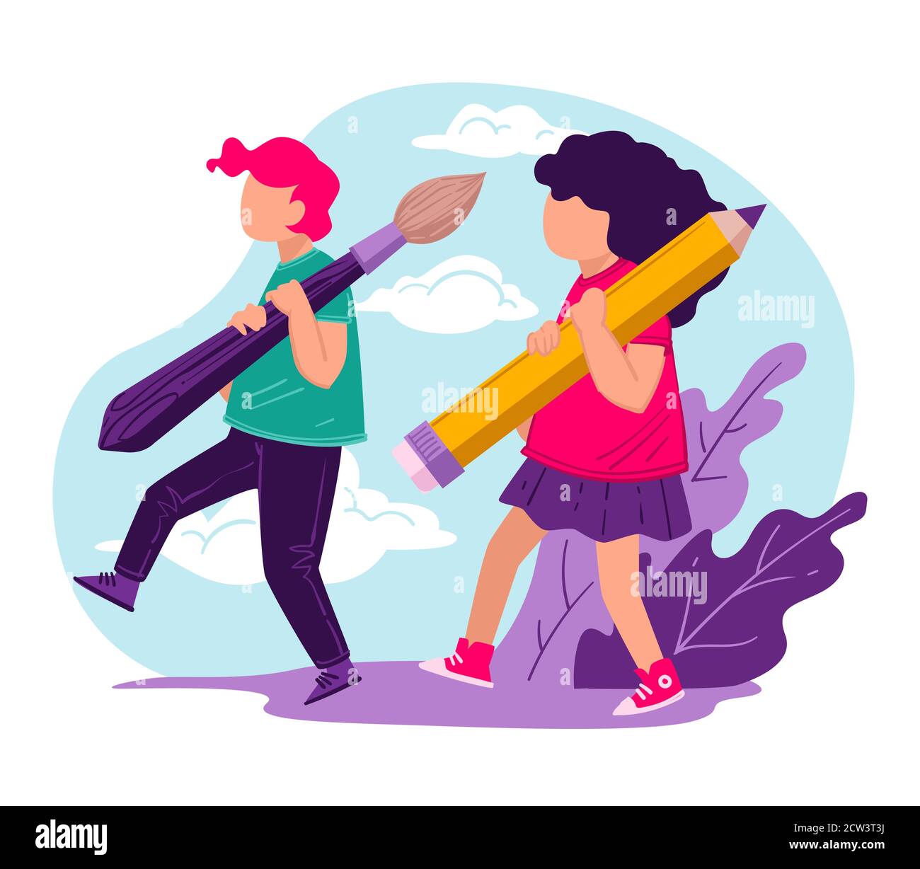 Boy and girl carrying bush and pencil, school education Stock Vector