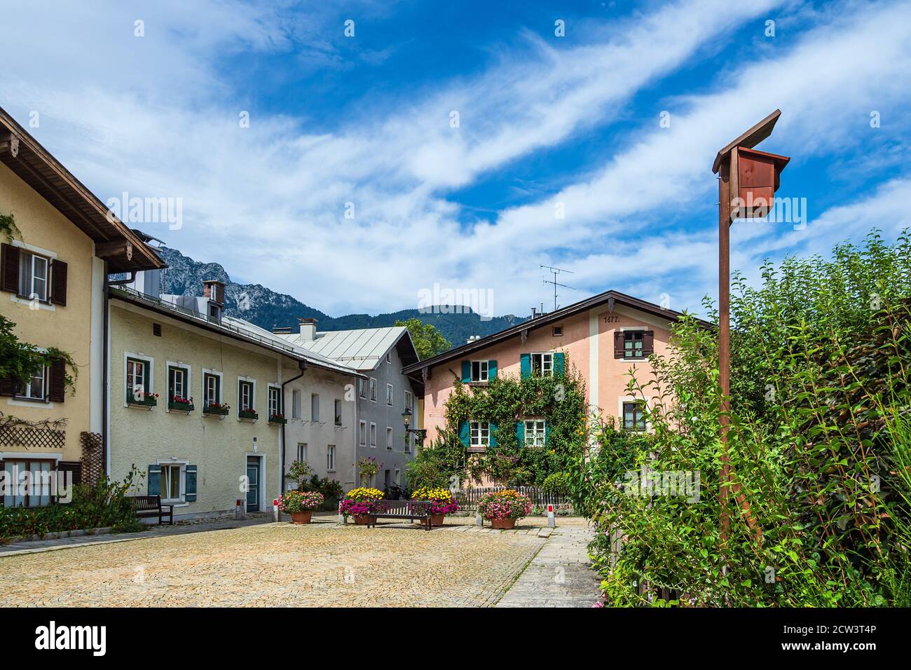 Buildings on the square Florianiplatz in Bad Reichenhall, Germany. Stock Photo