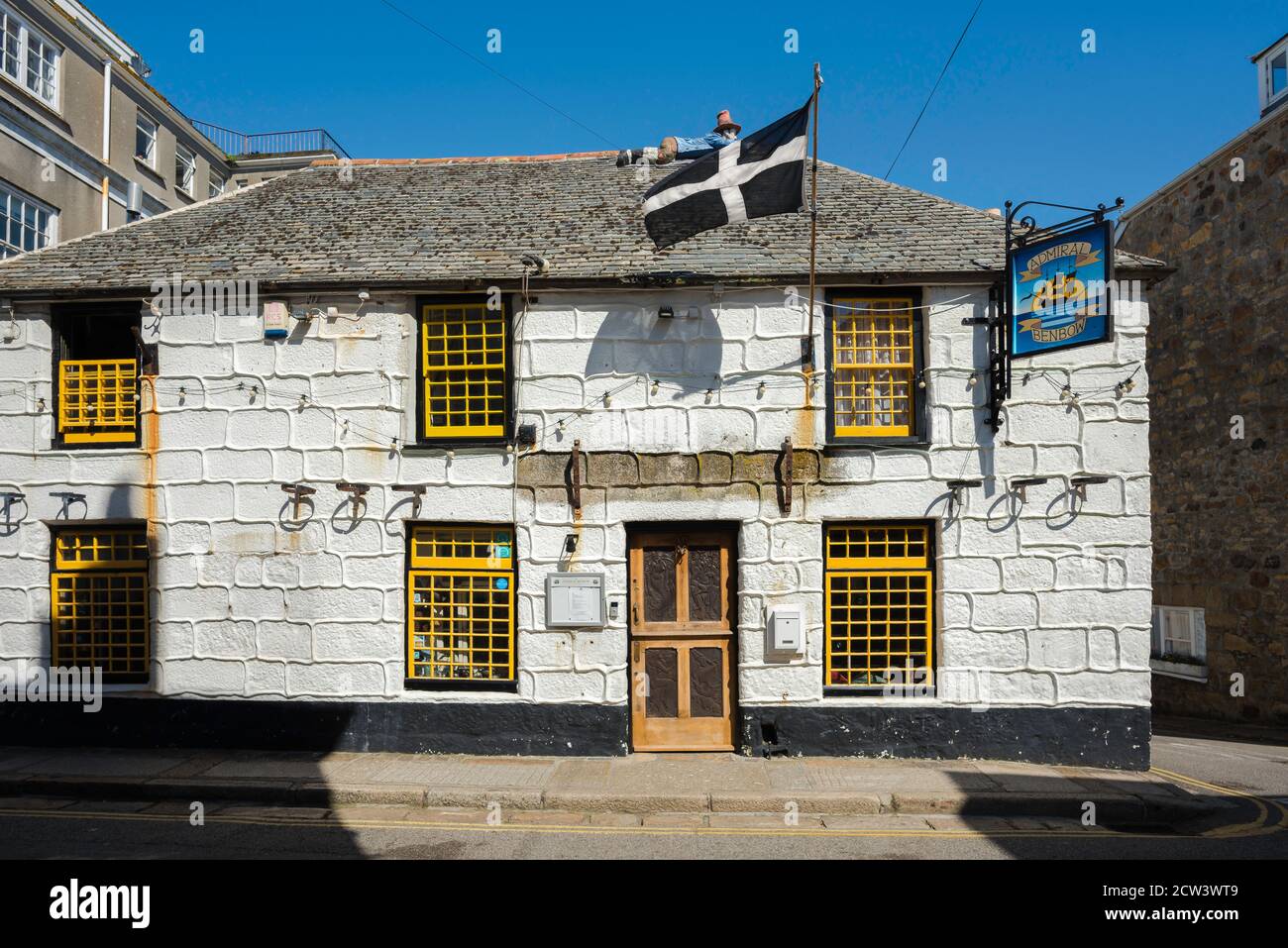 Penzance pub, view of the Admiral Benbow pub in Chapel Street in the