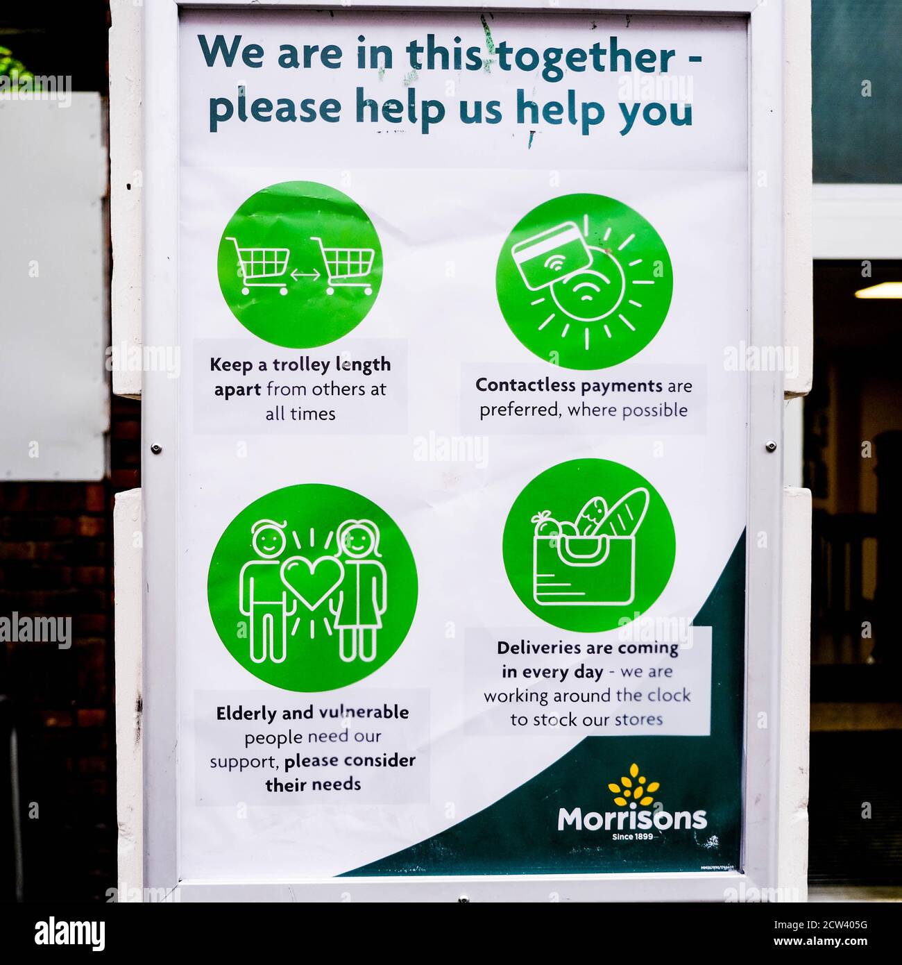 London UK, September 27 2020, Morrisons Food Supermarket Social Distancing Guideline Notice COVID-19 Stock Photo