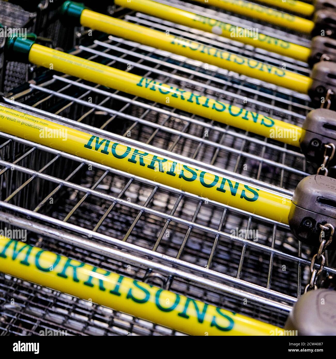 London UK, September 27 2020, Morrisons Supermarket Shopping Trolleys with No People Stock Photo