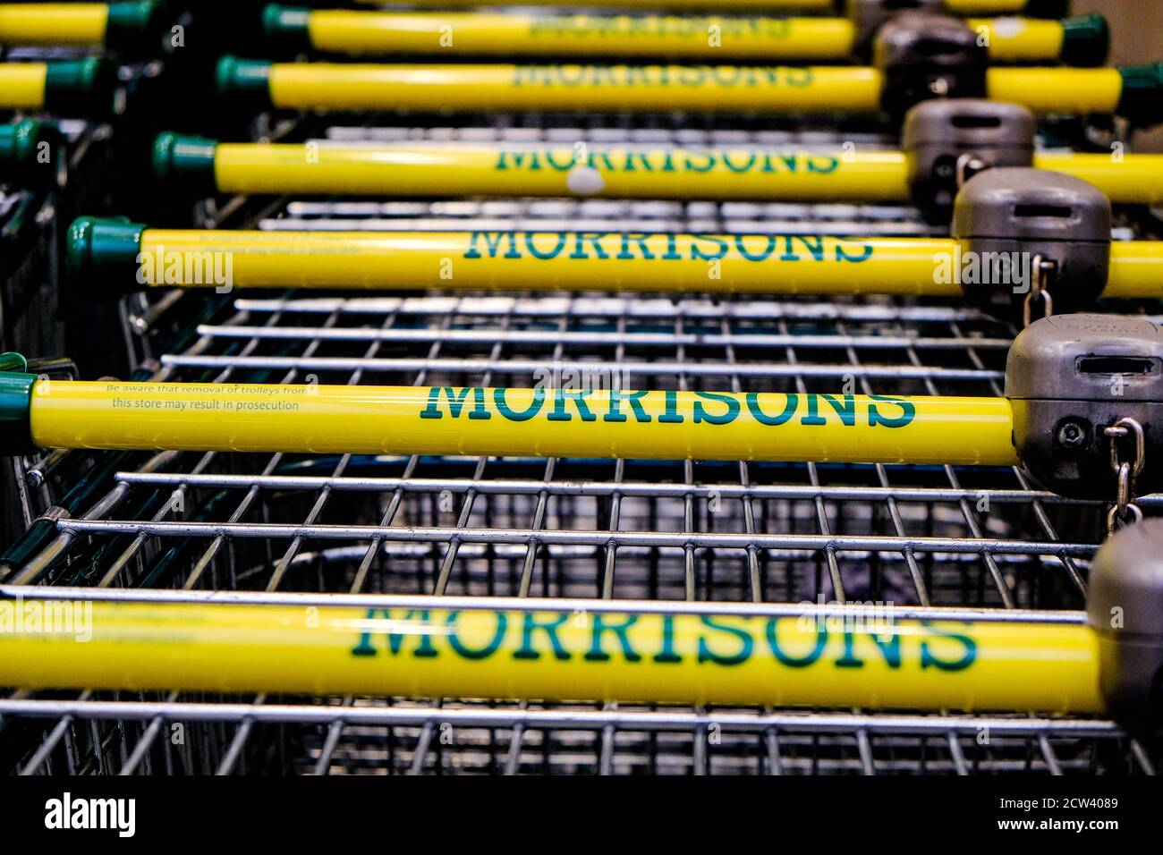 London UK, September 27 2020, Morrisons Supermarket Shopping Trolleys with No People Stock Photo