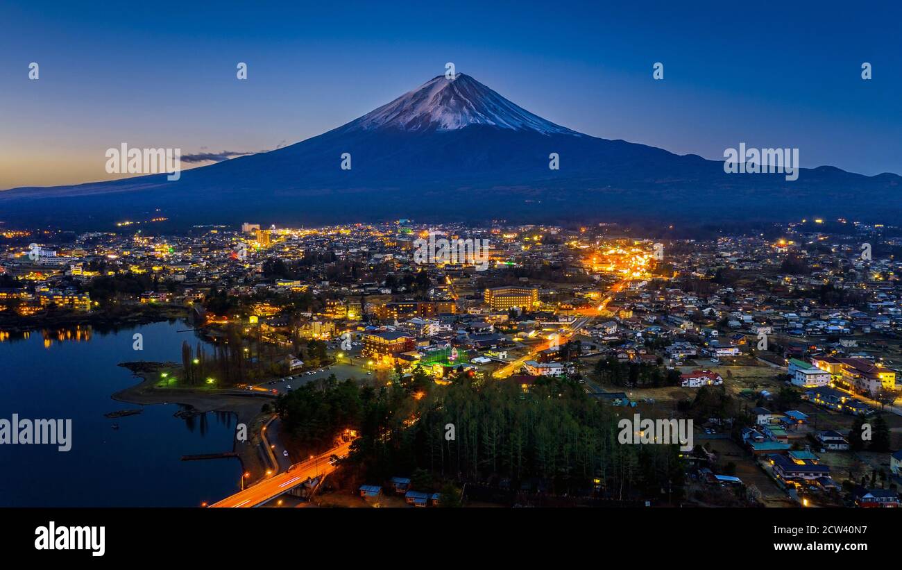 Fuji mountains and Fujikawaguchiko city at night, Japan. Stock Photo