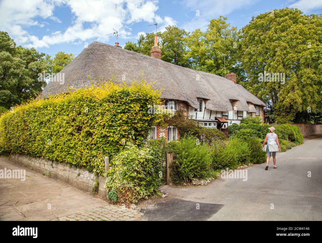 Idyllic English thatched roofed country cottages in the Buckinghamshire village of   Monks Risborough in the Chilterns England UK Stock Photo