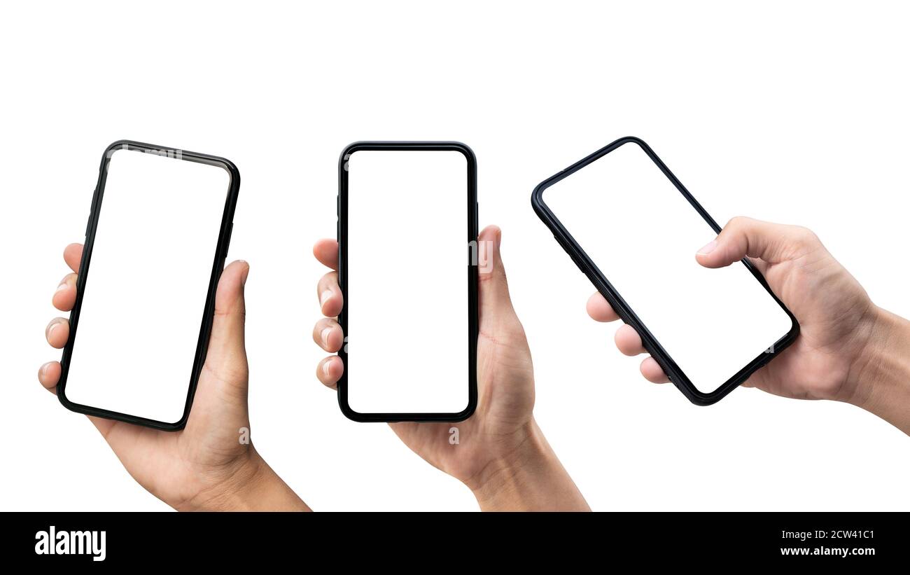 Set of Hand holding smartphone isolated on white background Stock Photo ...