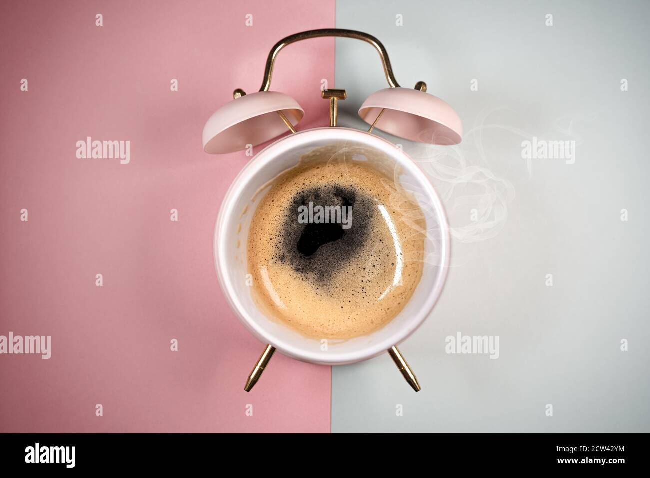Hot Coffee Retro pink Alarm Clock coffe time Stock Photo