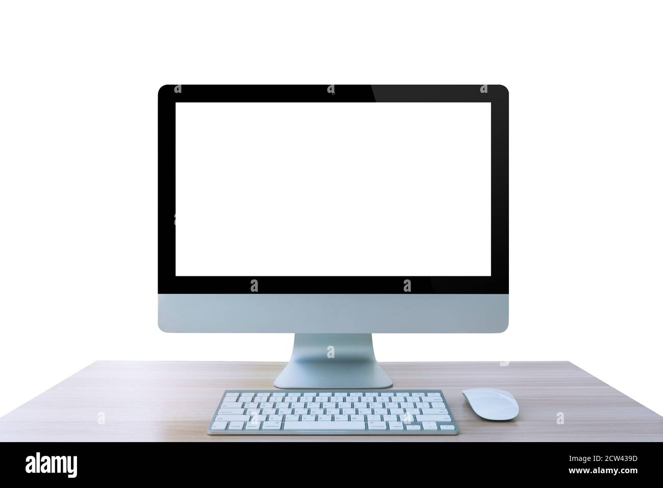 Computer monitor, mouse, keyboard on table isolated white background