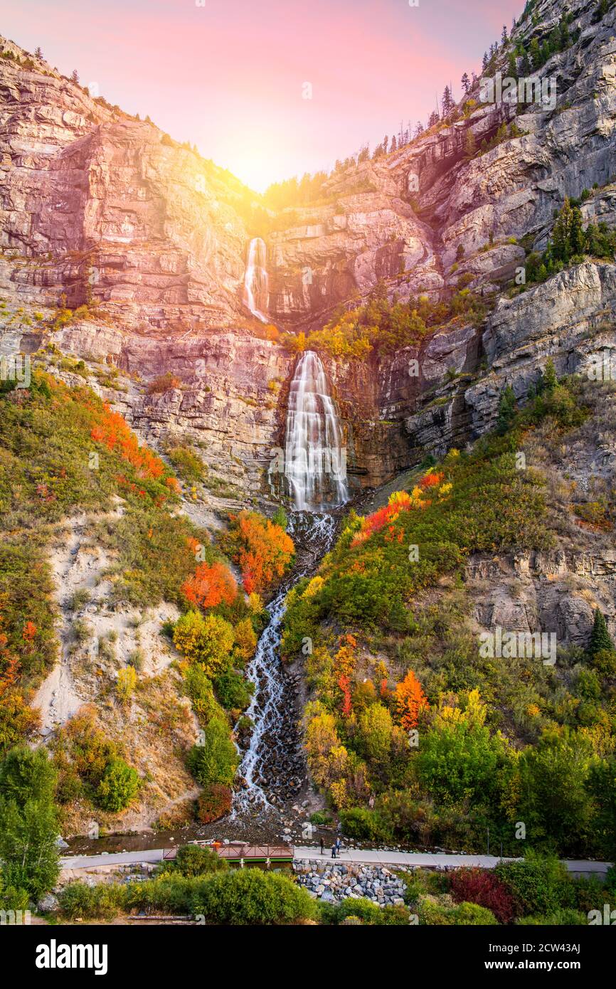 Bridal Veil Falls, Provo, Utah during autumn season at sunset Stock