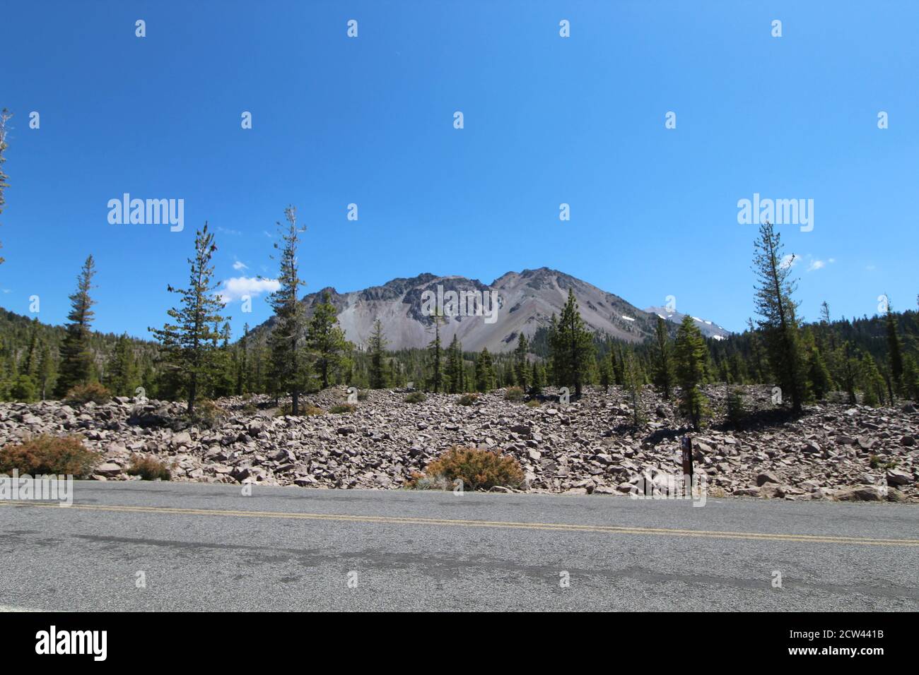 Wide low angle shot of the Lassen Volcanic National Park in California, USA Stock Photo