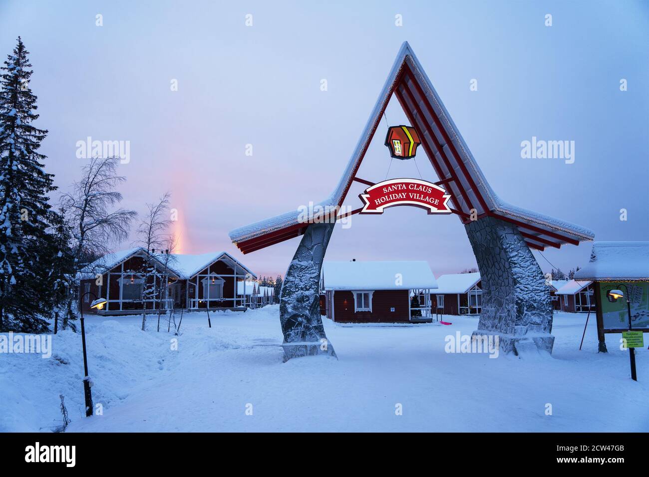 Hotel Santa Claus Holiday Village, Arctic Circle, Lapland, Finland. Bright pink sunset