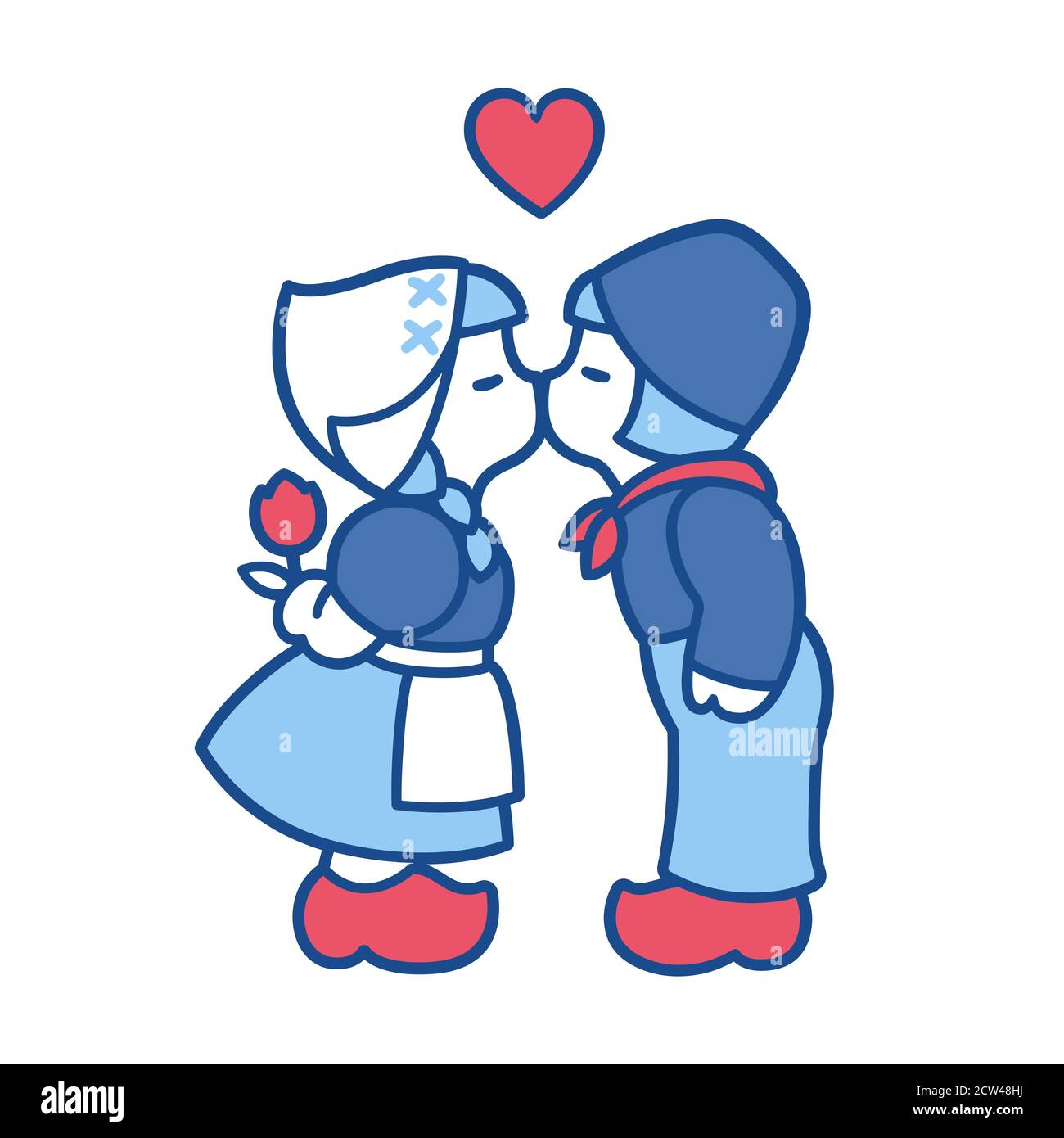 Delft Blue kissing couple, traditional Dutch souvenir. Cute cartoon boy and girl drawing. Vector illustration. Stock Vector