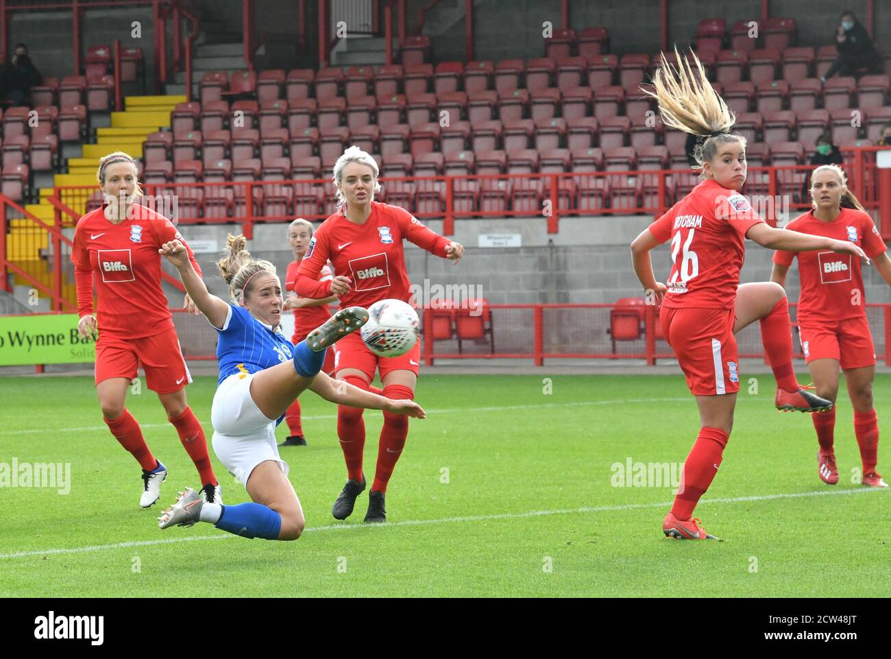 Crawley, UK. 27th Sep, 2020. Maya Le Tissier of Brighton and Hove Albion has her dramatic effort on goal blocked to keep the score all level during the FA Women's Cup Quarter Final match between Brighton & Hove Albion Women and Birmingham City Women at The People's Pension Stadium on September 27th 2020 in Crawley, United Kingdom. (Photo by Jeff Mood/phcimages.com) Credit: PHC Images/Alamy Live News Stock Photo