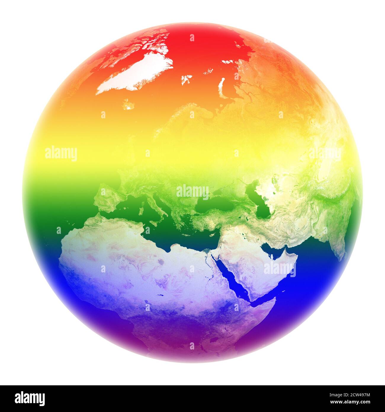 Planet Earth in LGBT pride flag rainbow colors isolated on white. Elements of this image furnished by NASA. Stock Photo