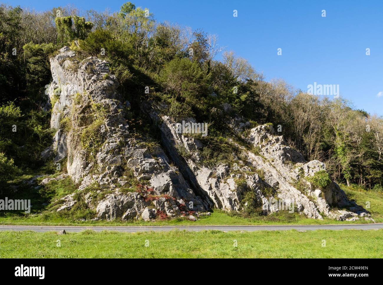The Rock of Ages with its famous cleft in Burrington Combe in the Mendip Hills Somerset UK - legendary inspiration for A M Toplady's well-loved hymn Stock Photo
